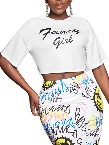 sxy letter graphic drop shoulder crop tee g16b#, White