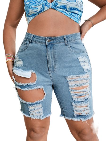 plus high waist ripped raw trim denim shorts y1al#, White;black