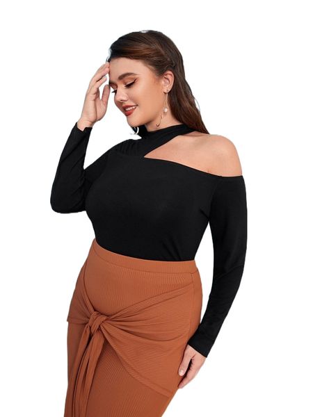 plus solid asymmetric neck tee l8v6#, Black
plus solid asymmetric neck tee l8v6#, Black