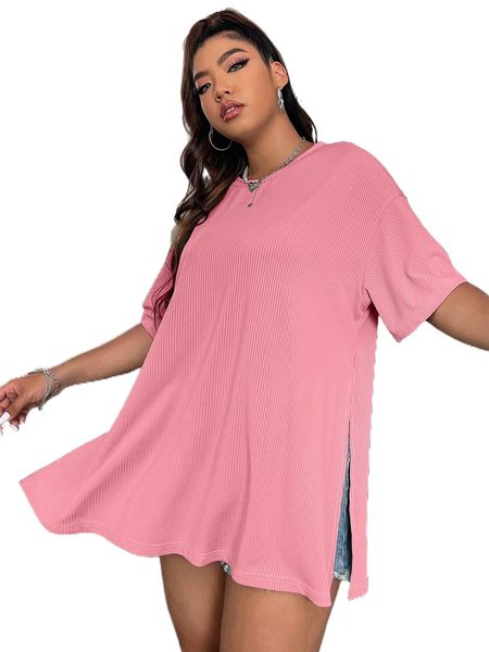 plus drop shoulder slit hem tee 21bc#, Black
plus drop shoulder slit hem tee 21bc#, Black