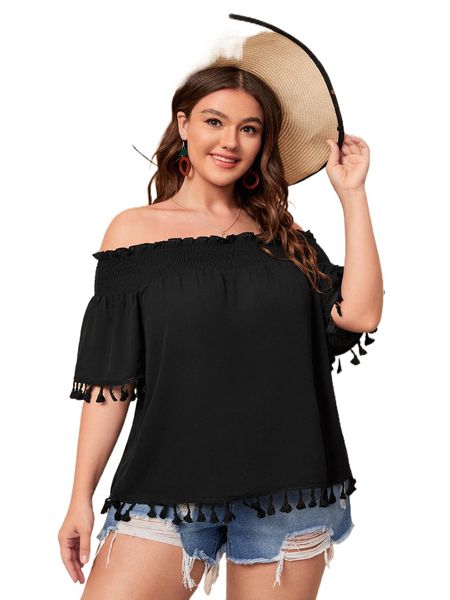 plus off the shoulder frill trim fringe detail shirred p1lt#, Black
plus off the shoulder frill trim fringe detail shirred p1lt#, Black