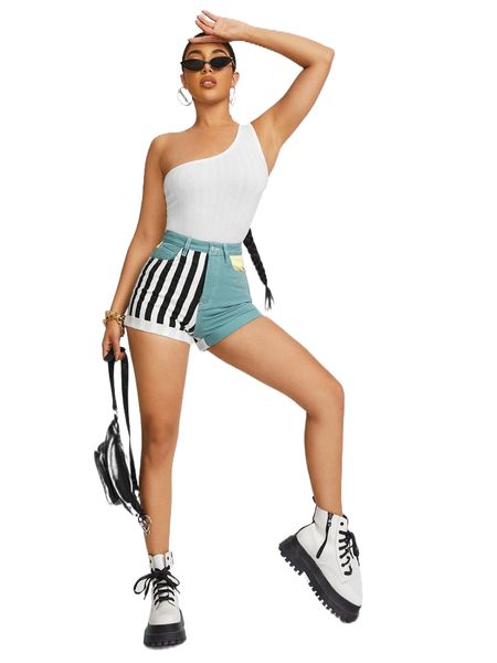 striped & colorblock print roll hem denim shorts a2fs#, White;black 
striped & colorblock print roll hem denim shorts a2fs#, White;black