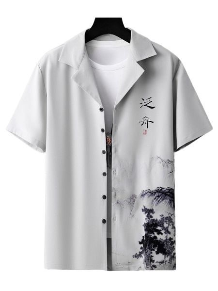 men chinese letter & landscape print lapel collar shirt without tee h3di#, White;black
men chinese letter & landscape print lapel collar shirt without tee h3di#, White;black