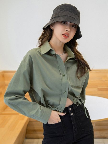 dazy drawstring hem patched pocket drop shoulder blouse l2mp#, White 
dazy drawstring hem patched pocket drop shoulder blouse l2mp#, White