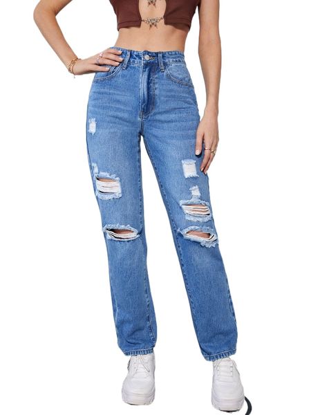 ripped straight leg jeans r0g9#, Blue