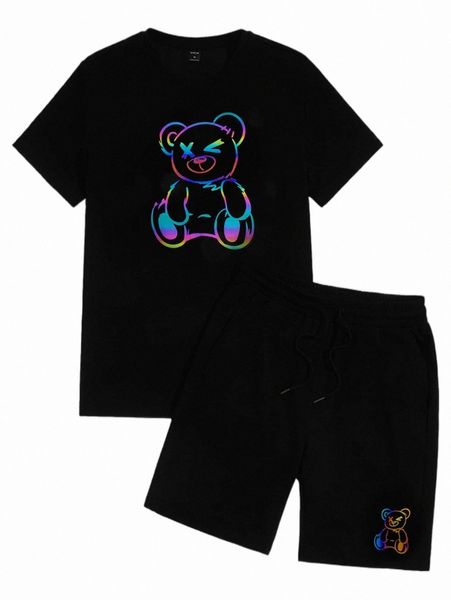 men reflective bear print tee & drawstring waist shorts f28n#, Gray
men reflective bear print tee & drawstring waist shorts f28n#, Gray