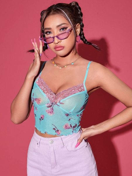 floral print contrast lace mesh cami m93e#, White
floral print contrast lace mesh cami m93e#, White