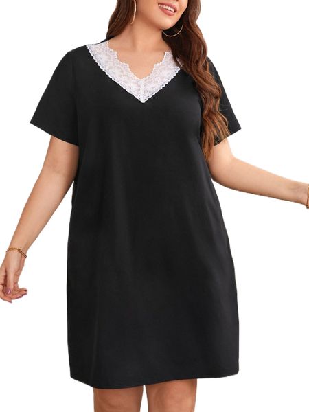 plus contrast lace tunic dress m8yd#, Black 
plus contrast lace tunic dress m8yd#, Black