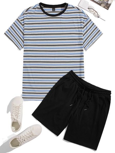 men striped tee and shorts set a2vv#, Gray