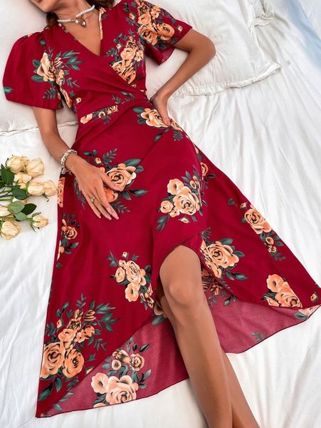 floral print puff sleeve tie side wrap dress 26gx#, Black;gray
floral print puff sleeve tie side wrap dress 26gx#, Black;gray