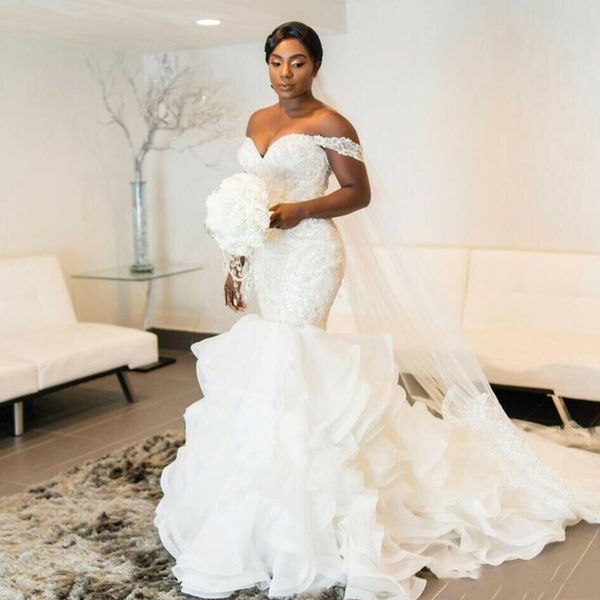 plus size african wedding dresses ruffles sweep train beaded appliques off shoulder mermaid bridal gowns, White
plus size african wedding dresses ruffles sweep train beaded appliques off shoulder mermaid bridal gowns, White
