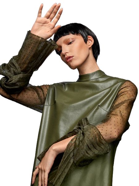 x jovana jara contrast dobby mesh panel bow cuff pu leather dress m4bl#, Black;gray
x jovana jara contrast dobby mesh panel bow cuff pu leather dress m4bl#, Black;gray
