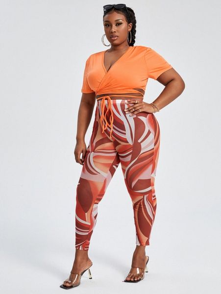 plus wrap tie front & leggings r4rb#, Black