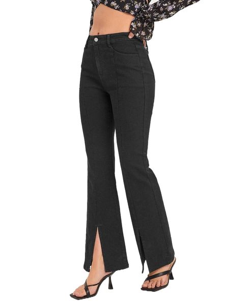 split hem flare leg jeans f9to#, Blue