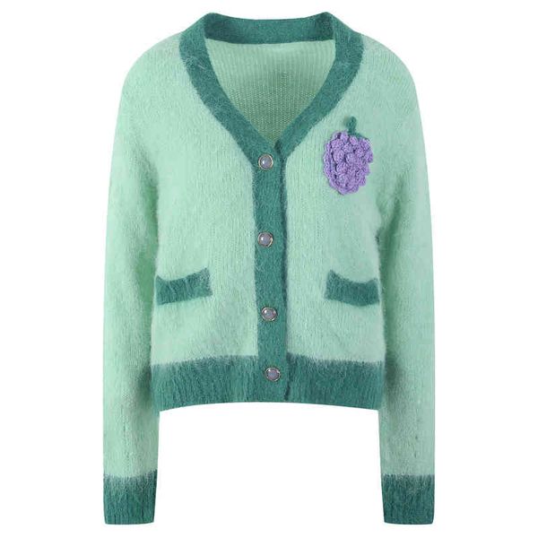 women's knits tees grape pattern v-neck color matching lazy style aging sweater cardigan long sleeved autumn and winter be0b, White
women's knits tees grape pattern v-neck color matching lazy style aging sweater cardigan long sleeved autumn and winter be0b, White