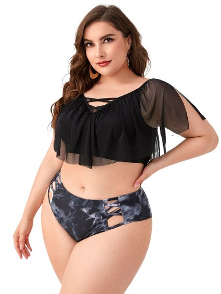 plus marble print ruffle trim criss cross bikini swimsuit w9th#, White;black 
plus marble print ruffle trim criss cross bikini swimsuit w9th#, White;black