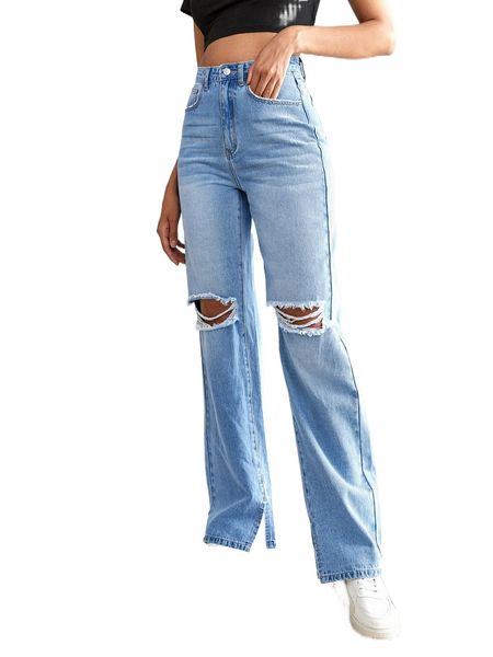 tall high waist cut out split hem straight leg jeans x9dm#, Blue