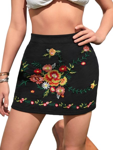 floral embroidery high waist skirt c6e8#, Black
