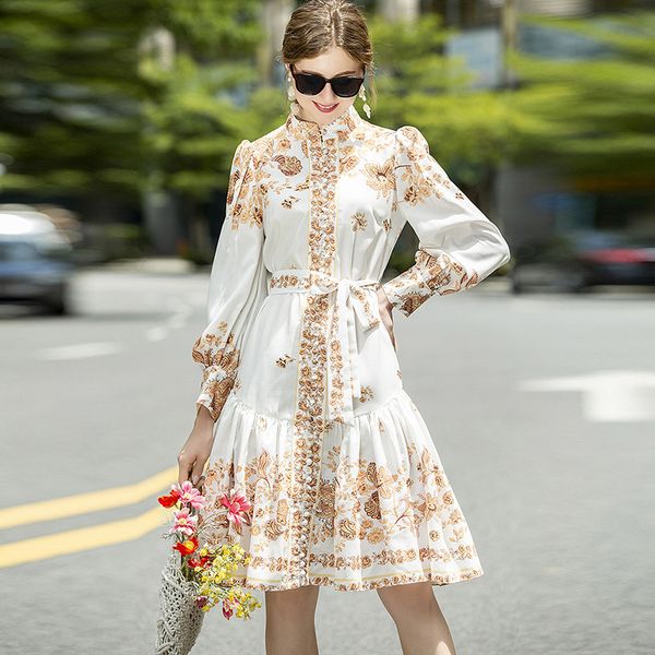 women's runway dress stand collar long sleeves printed sash belt high street fashion casual dresses vestidos, Black
women's runway dress stand collar long sleeves printed sash belt high street fashion casual dresses vestidos, Black