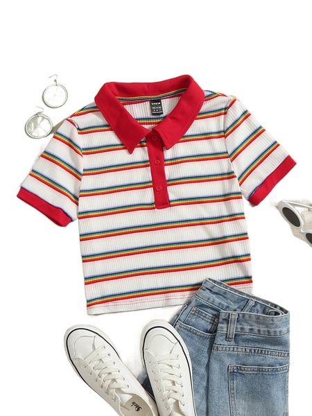 rainbow striped polo neck crop tee b3yf#, White
rainbow striped polo neck crop tee b3yf#, White