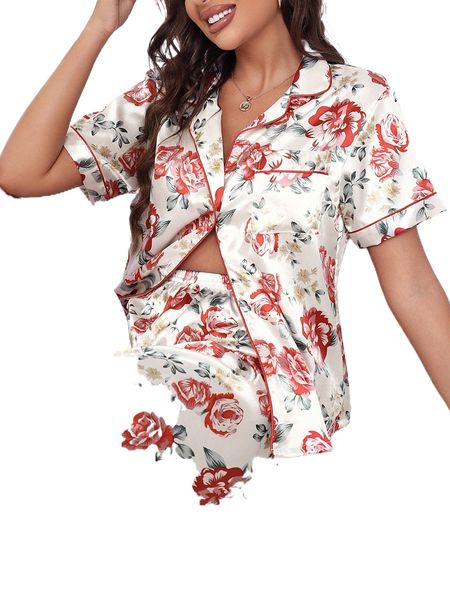 floral print contrast piping satin pj set d3ae#, Black;red
floral print contrast piping satin pj set d3ae#, Black;red