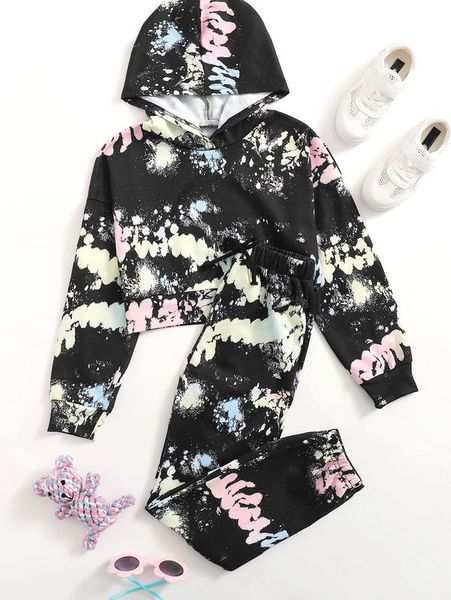 girls tie dye hoodie and drawstring waist pants set she, White