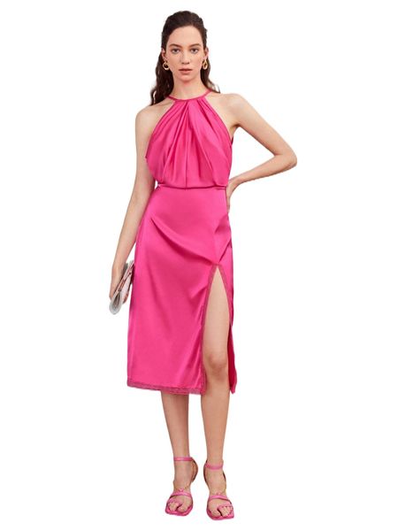 tie back split thigh satin halter dress b3bw#, Black;gray
