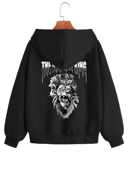 lion and letter graphic zip up thermal lined drawstring hoodie x4r6#, Black