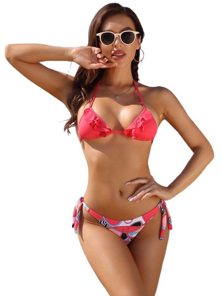 graphic print knot side ruffle tie back bikini set t0tj#, White;black