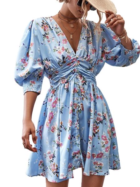 floral print shirred puff sleeve ruched button front dress j7lc#, Black;gray
floral print shirred puff sleeve ruched button front dress j7lc#, Black;gray