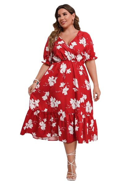 plus floral print ruffle hem dress t1jl#, Black
plus floral print ruffle hem dress t1jl#, Black