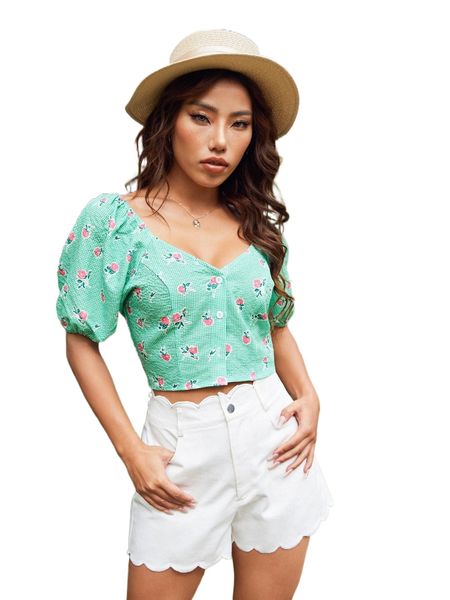 sweetheart neck floral & gingham print blouse j0xf#, White
sweetheart neck floral & gingham print blouse j0xf#, White