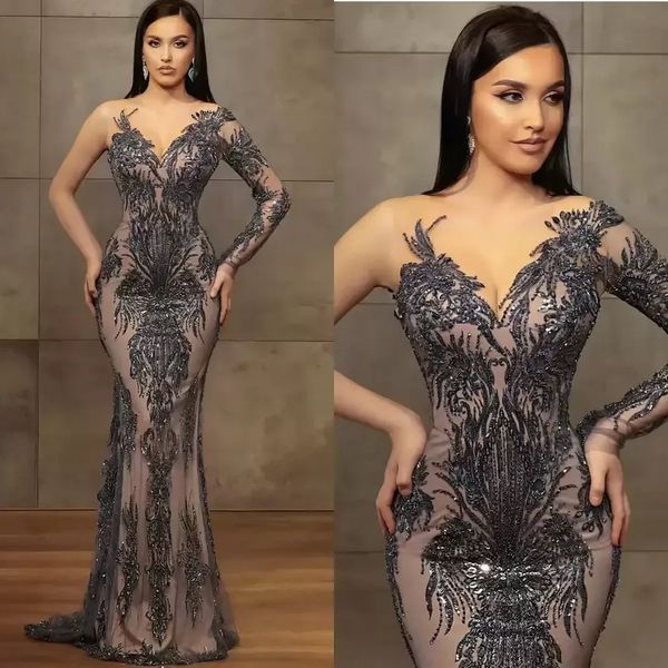 grey mermaid prom dresses sheer jewel neck lace floral appliqued beaded evening dress sequins long robes de soiree bc14030, Black
grey mermaid prom dresses sheer jewel neck lace floral appliqued beaded evening dress sequins long robes de soiree bc14030, Black