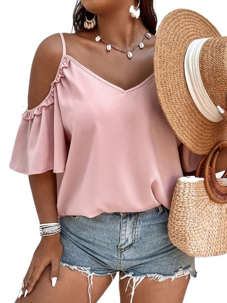 plus cold shoulder frill trim blouse f4fv#, Black
