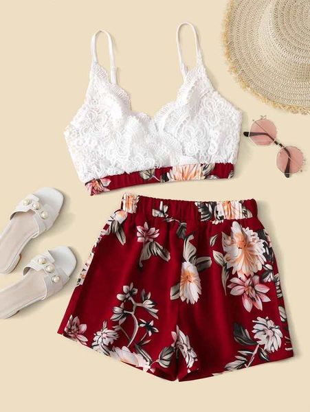 girls floral lace cami & shorts set she, White