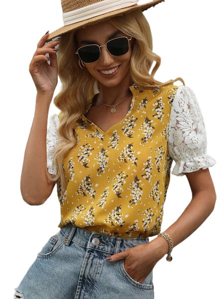 floral print contrast lace puff sleeve notched neck blouse q2uy#, White 
floral print contrast lace puff sleeve notched neck blouse q2uy#, White