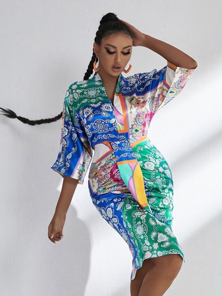 patchwork print batwing sleeve draped wrap hem satin dress a541#, Black;gray
patchwork print batwing sleeve draped wrap hem satin dress a541#, Black;gray