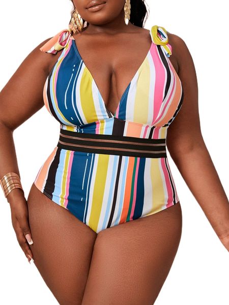 plus block striped tie shoulder mesh panel one piece swimsuit q7p4#, White;black