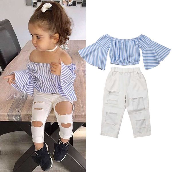 summer 2pcs kids baby girls clothes sets flare sleeve striped t shirt frayed pants outfits 1-6y, White
summer 2pcs kids baby girls clothes sets flare sleeve striped t shirt frayed pants outfits 1-6y, White