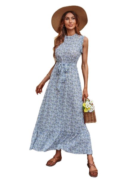 ditsy floral ruffle hem belted dress d1dv#, Black;gray