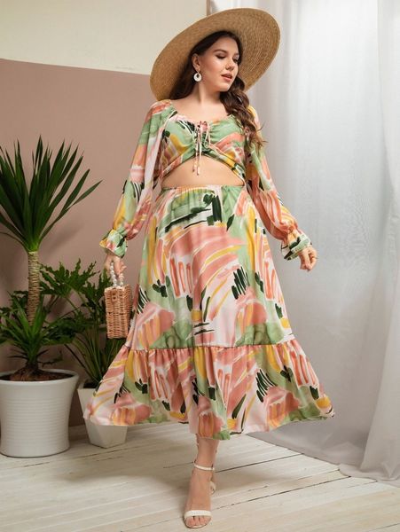 plus brush print flounce sleeve cut out drawstring ruffle hem dress 58p3#, Black
plus brush print flounce sleeve cut out drawstring ruffle hem dress 58p3#, Black