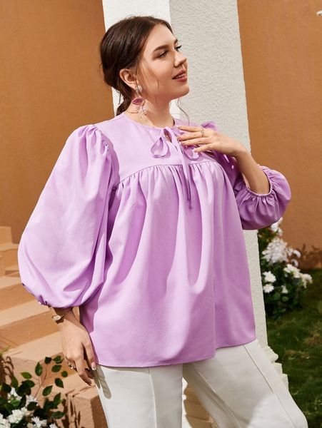 plus bishop sleeve tie neck blouse 66xi#, Black
plus bishop sleeve tie neck blouse 66xi#, Black