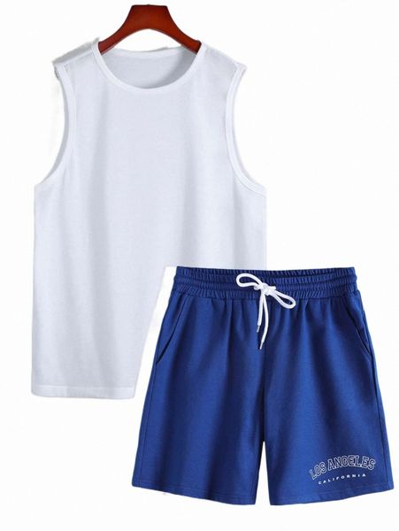 men tank & letter graphic drawstring waist shorts g9sy#, Gray