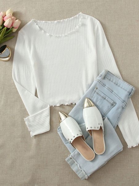 lettuce trim rib-knit solid tee d85k#, White