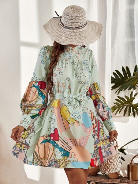 heart print bishop sleeve belted dress 86xd#, Black;gray