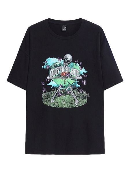 x an studio letter & skull print drop shoulder oversized tee i6zh#, White