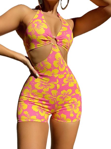 floral print ring linked one piece swimsuit d4r6#, White;black 
floral print ring linked one piece swimsuit d4r6#, White;black