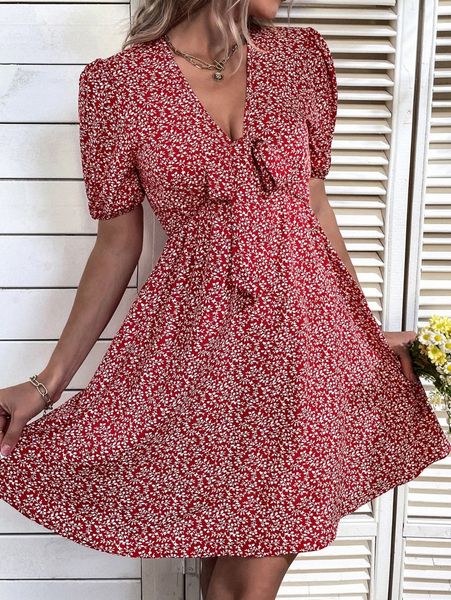 plant print knot front puff sleeve dress j2qu#, Black;gray 
plant print knot front puff sleeve dress j2qu#, Black;gray