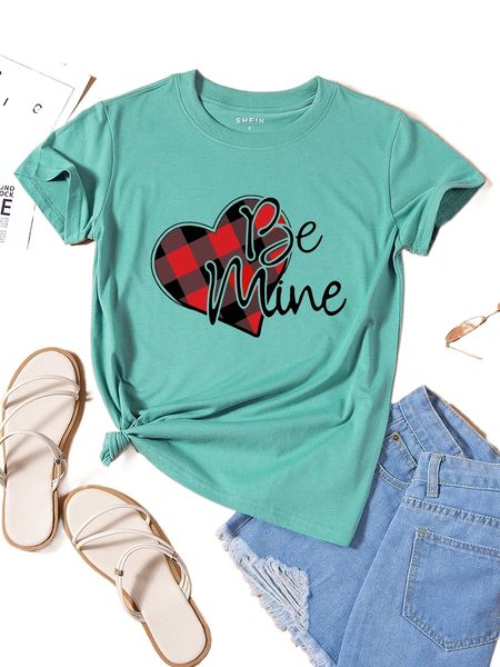 plaid heart & slogan graphic tee l6sv#, White
