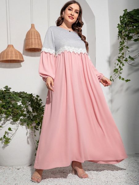 plus guipure lace insert two tone lantern sleeve maxi dress 33to#, Black